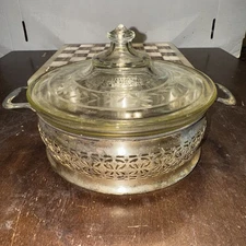 Vintage Round Pyrex Glass Casserole Baking Dish, Lid w/ Metal Stand, 3 Pieces