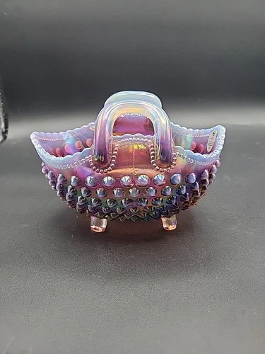 Vintage Rare Fenton Plum Opalescent Hobnail Footed Basket