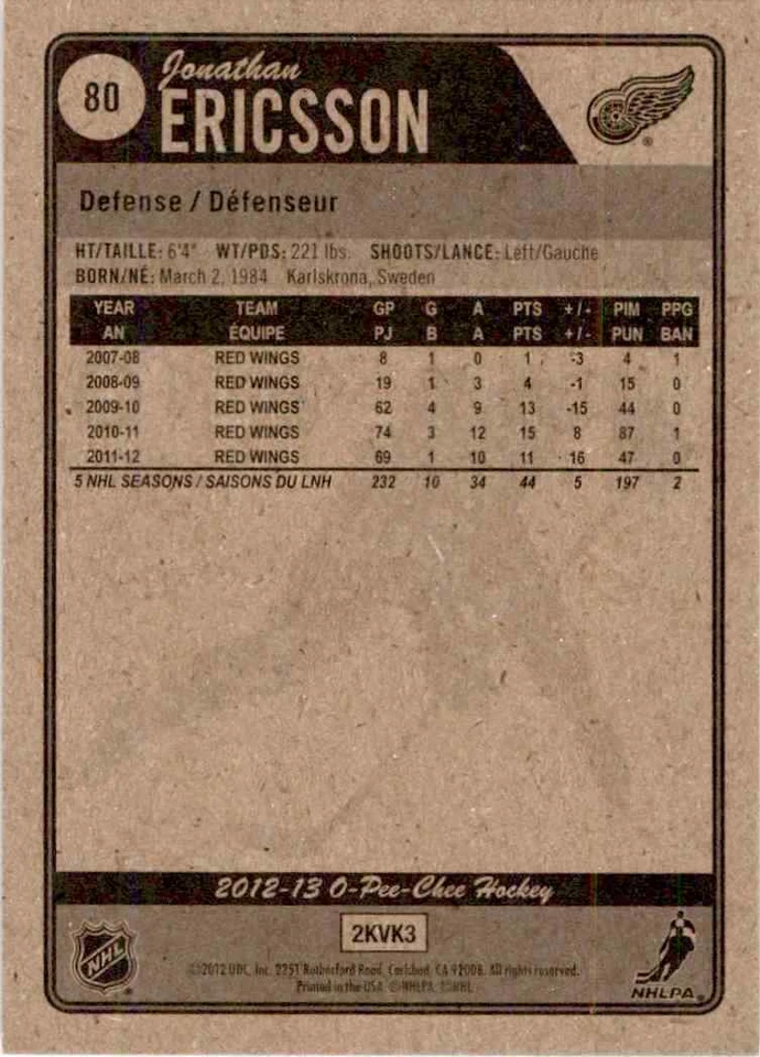 2012-13 O-Pee-Chee Jonathan Ericsson #80 - Image 2 of 2