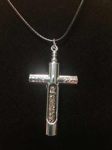 Collana Croce Tubo Vetro Artigianale Ciondolo Cristallo Tormalina Verde o Nero - Foto 5 di 12