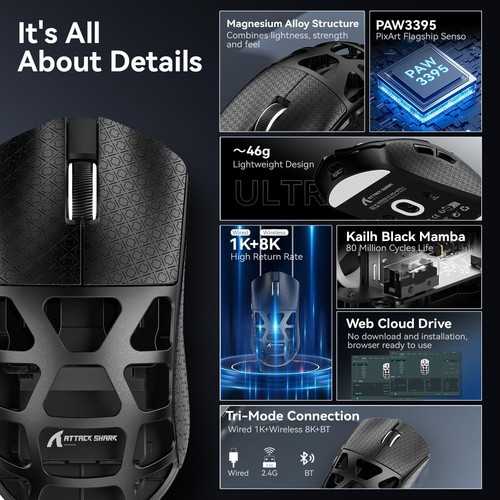ATTACK SHARK R3 46g Magnesium Alloy Mouse, PixArt PAW3395 BT/2.4G/Wired,26000DPI - Picture 35 of 64
