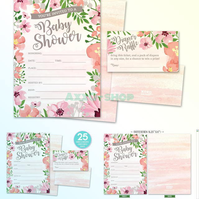 Baby Shower Invitations And Diaper Raffle Tickets Set Of 25 Pink