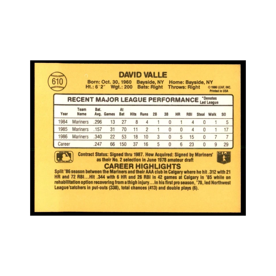 1987 Donruss Dave Valle Baseball Cards #610 - Image 2 of 3