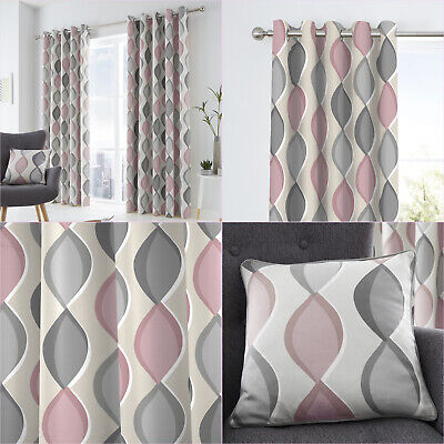 Blush Grey Lennox Geometric Ogee Print, Grey And Pattern Curtains