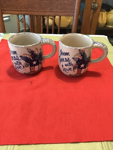 Two 2 Martinez Pottery From Texas With Love Marshall Texas Mugs Estate Hand Made