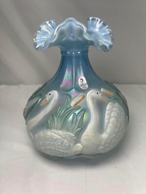 Fenton Blue Satin Iridescent Glass Hand Painted Swan Vase Ruffled 