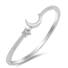 Cute Thin Crescent Moon Star Space Band .925 Sterling Silver Ring 4mm Sizes 1-13