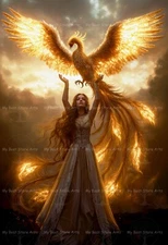 WOMAN AND PHOENIX ART PRINT, Witchy Lady Poster, Gothic Fire Bird Decor F367