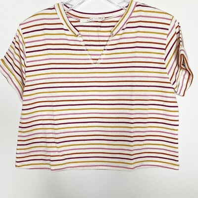 NWT Lush Terry Stripe Notched Crop Tee T-Shirt Medium Rainbow T27