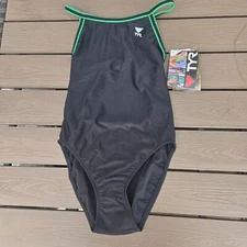 TYR Solid Black With Green Trim Diamondfit 1 Piece Swimsuit  Size 34 New