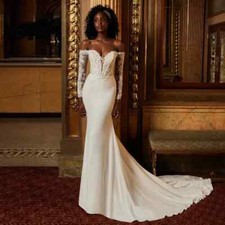 V Neck Mermaid Wedding Dresses Long Sleeves Lace Appliques Backless Bridal Gowns