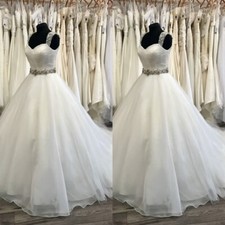 Elegant Wedding Dresses Sleeveless V Neck Beading Tulle Sweep Train Bridal Gowns