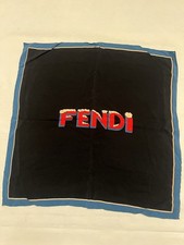 VTG Fendi Silk Pocket Square Scarf Black Blue Logo Designer Handkerchief Italy
