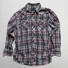 Vintage Wrangler Pearl Snap Western Shirt XL Plaid Gray Red X-Long Tails 80s