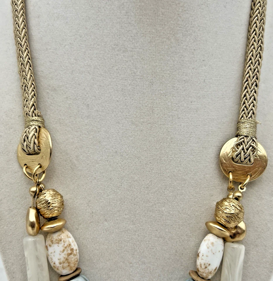 CHICOS GOLD TONE, TURQUOISE, WHITE DOUBLE STRAND NECKLACE, BRACELET, EARRINGS - Image 4 of 4