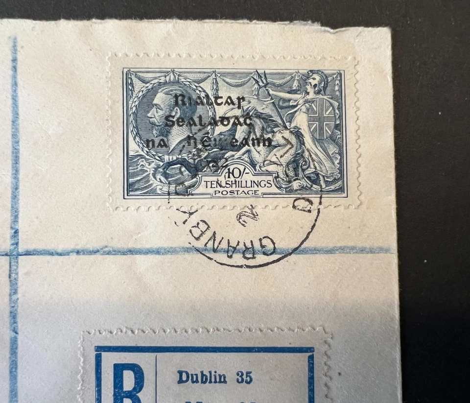 Dólardo irlandés 1922 SG21 10/- azul en cubierta registrada Dublín Granby Row Irlanda Foto 2 de 3