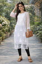 Hand Embroidered white Georgette Lucknowi Chikankari Kurta With Slip