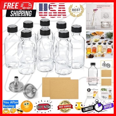 8 Pack, 2 oz Small Clear Glass Bottles w/Lid & 2 Funnels - 60ml Boston Shot B...