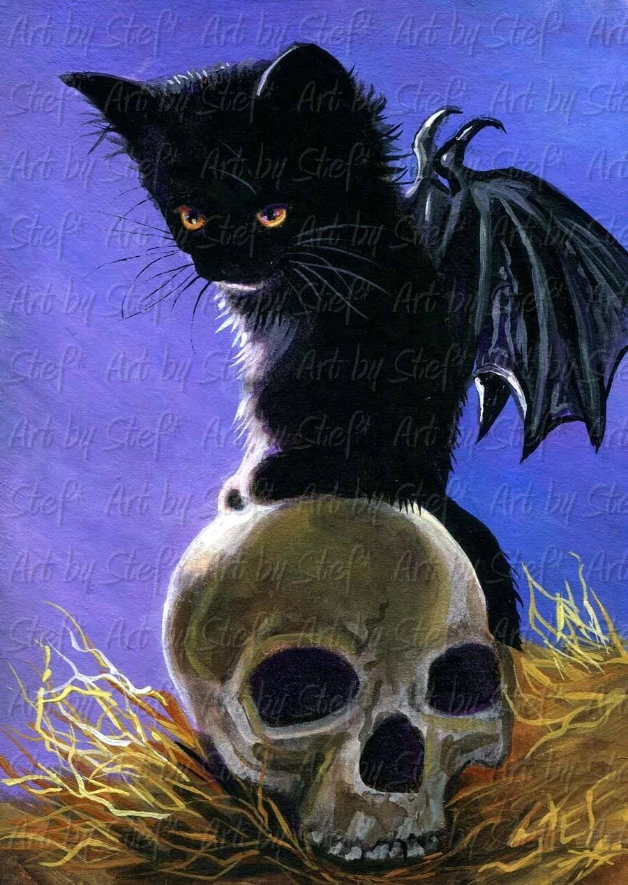 I AM THE NIGHT Black Kitten Skull Cat Witch Demon Vampire ACEO PAINTING Art Stef