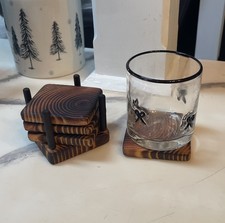 Handmade Set Of 4 Wooden Coasters With Base Charred Finish