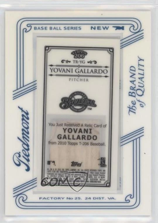 2010 Topps 206 Relics Mini Piedmont Framed Yovani Gallardo #TR-YG - Image 2 of 2