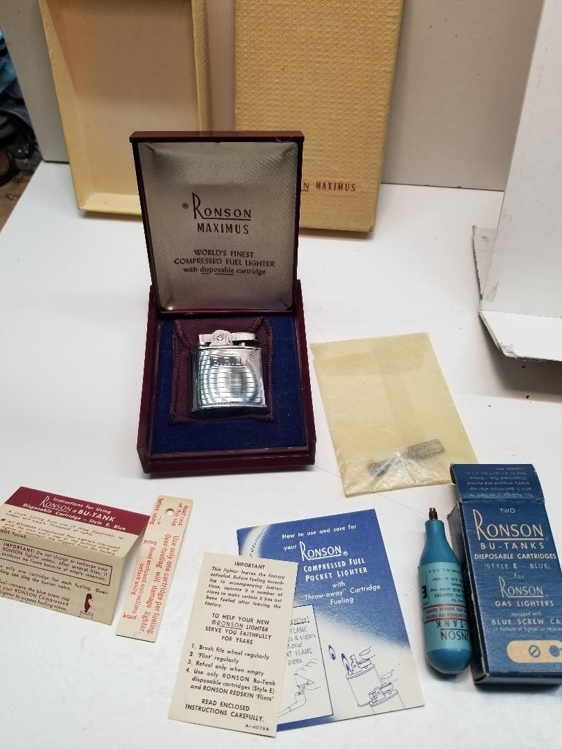 Vintage RONSON MAXIMUS Lighter, Boxes, BU-TANK, Booklet, Pam