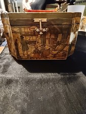 Vintage Anton Pieck Style Decoupage Wooden Purse Octagon Box Lucite Handle