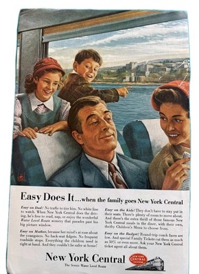 1954 New York Central Railroad Ad Family Train Travel Water Level Route Vintage