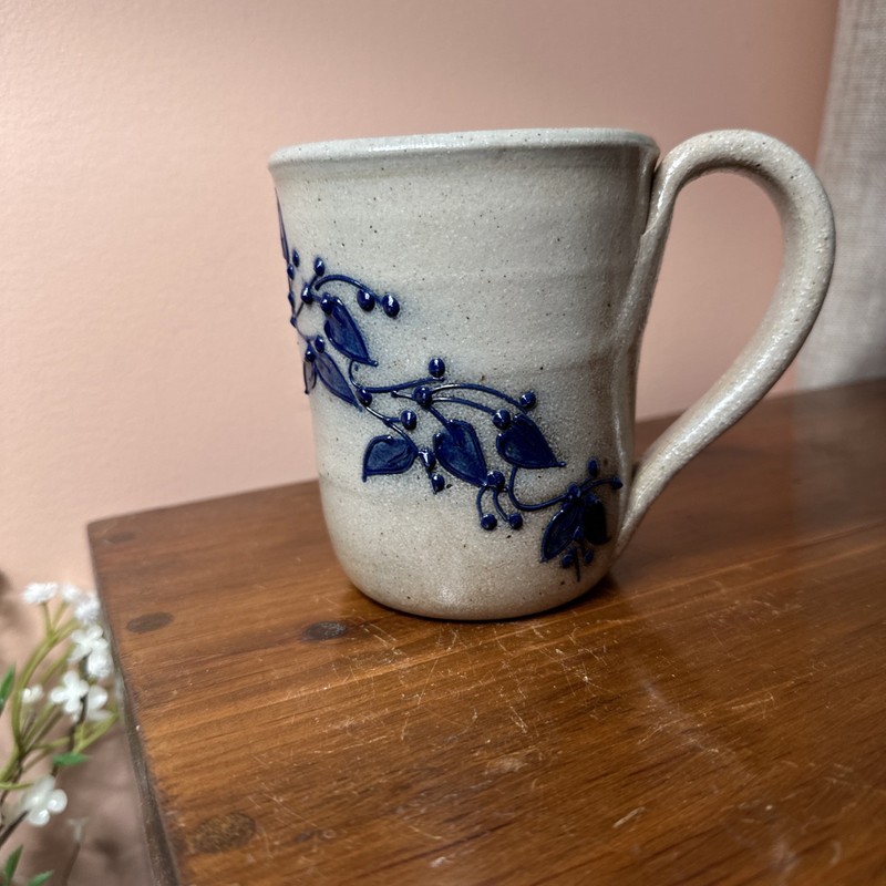 Vintage Salmon Falls Salt Glazed Blue Vine Coffee Mug Gray Stoneware 