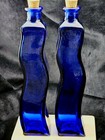2 Vintage Wavy Colbalt Blue Heavy Glass Bottles w/Cork Stoppers-Spain Origin- 9"