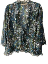 Notations Top Womens 2X Blue Multicolor Lightweight Chiffon V Neck Ruffle Blouse