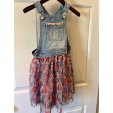 Jordache Girls Denim Overall Dress Floral Mesh Skirt Light Wash Blue Pink S 6-6X
