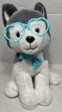 FAO Schwarz Plush Huskey Puppy Dog Sparklers Teal Bow/Glasses 13"