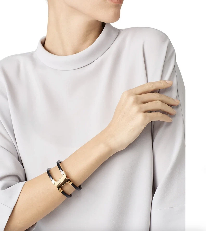 Tory Burch Gold Gemini Link Black Resin Hinge Wide Cuff Magnetic Bracelet $198 - Image 2 of 4