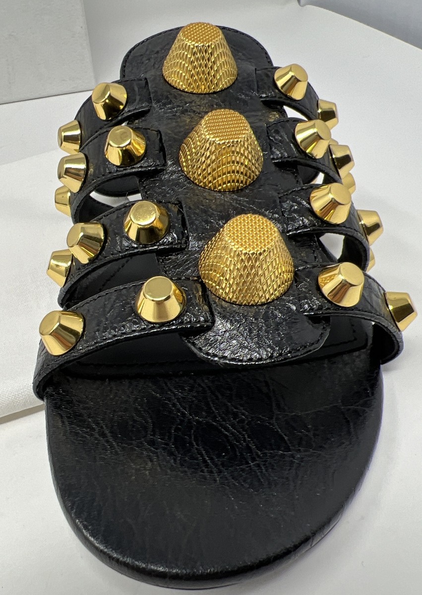 NIB AUTH BALENCIAGA Gold Studded Sandals Slides Flats Size 38 | eBay