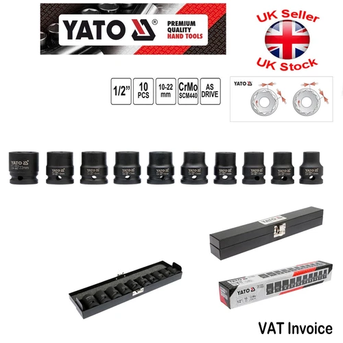 Yato Professional Impact Power Impact Wrench Socket Set 1/2" Short 10PCS 10-22mm