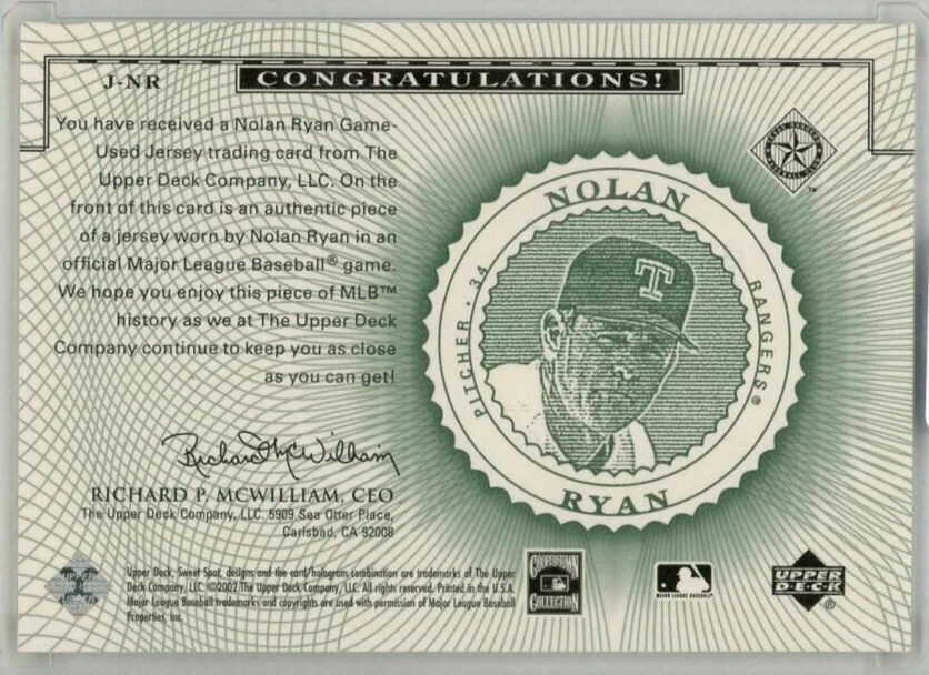 2002 UPPER DECK Sweet Spot Nolan Ryan Jersey - Image 2 of 2