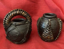 Set Of 2 Handcrafted Vases/ Jugs With Wicker Accents Made in the Philippines VTG