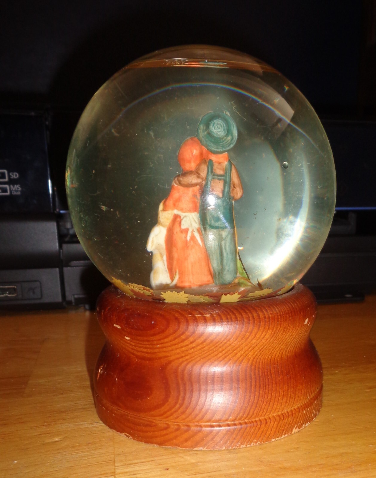 Vintage SNOW GLOBE Autumn Fall Leaves Boy Girl and Lamb Water Ball