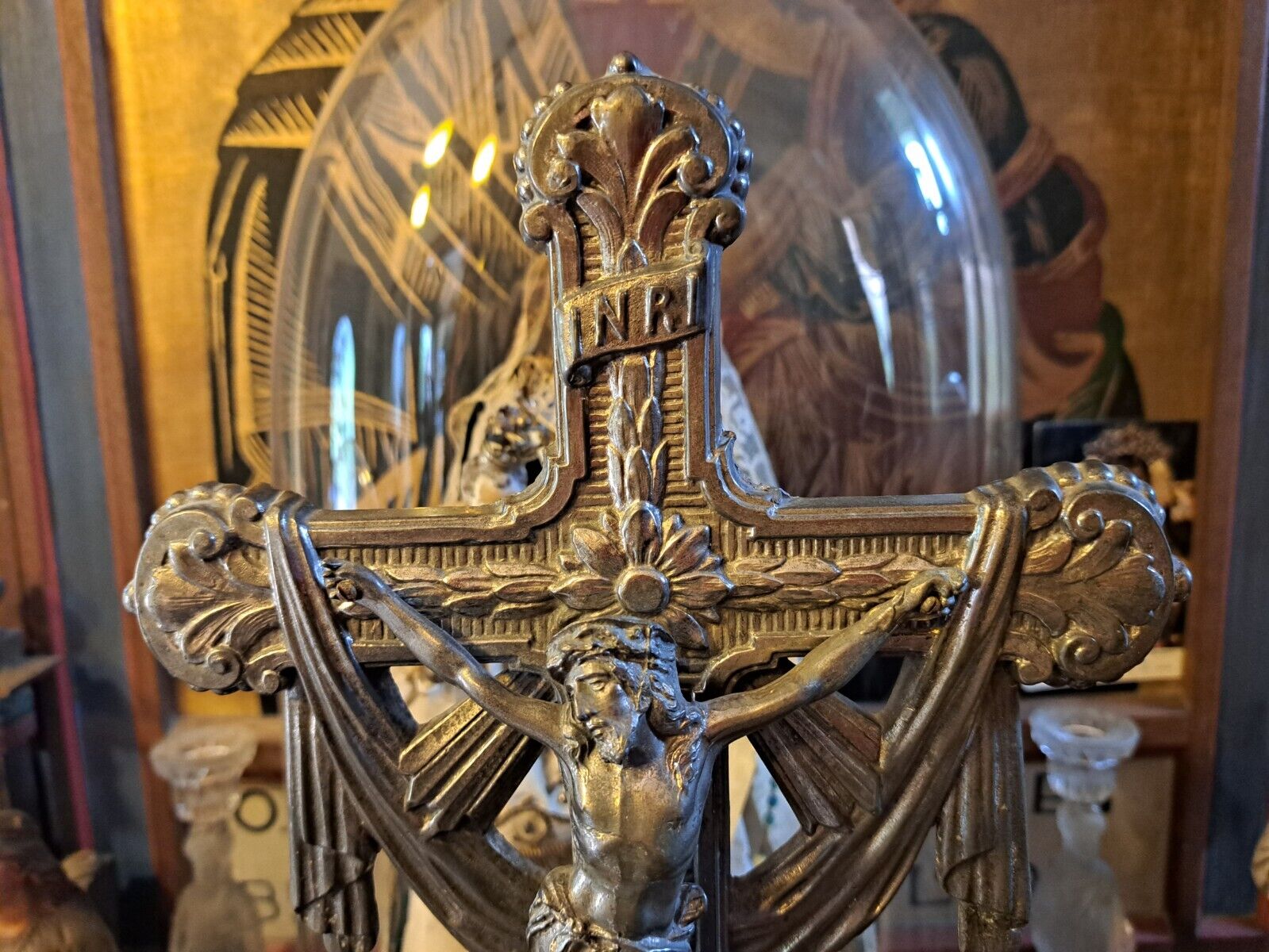 Huge Unique Antique ArtNouveau Church Altar Standing Cross Crucifix Jesus Corpus