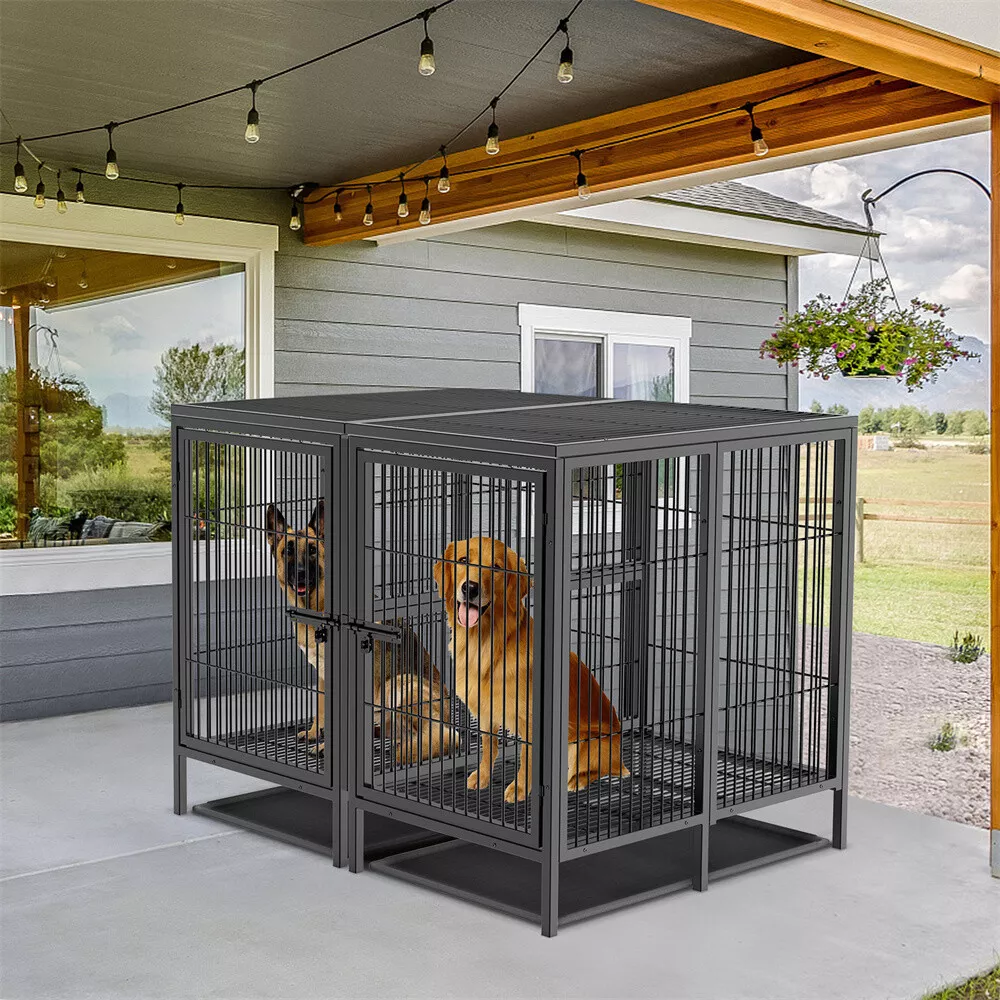 Extra Large Metal Dog Crate Kennel Elevated Tube Pet Dog Cage Dual Door Tray