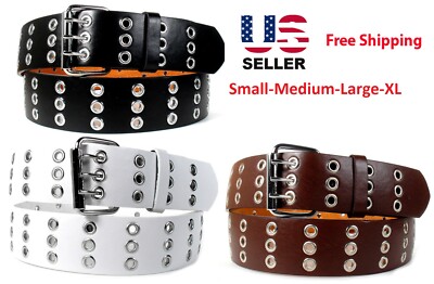 Men Women Unisex 3 Holes Row Grommet Bonded Leather Belt Removable Metal Buckle