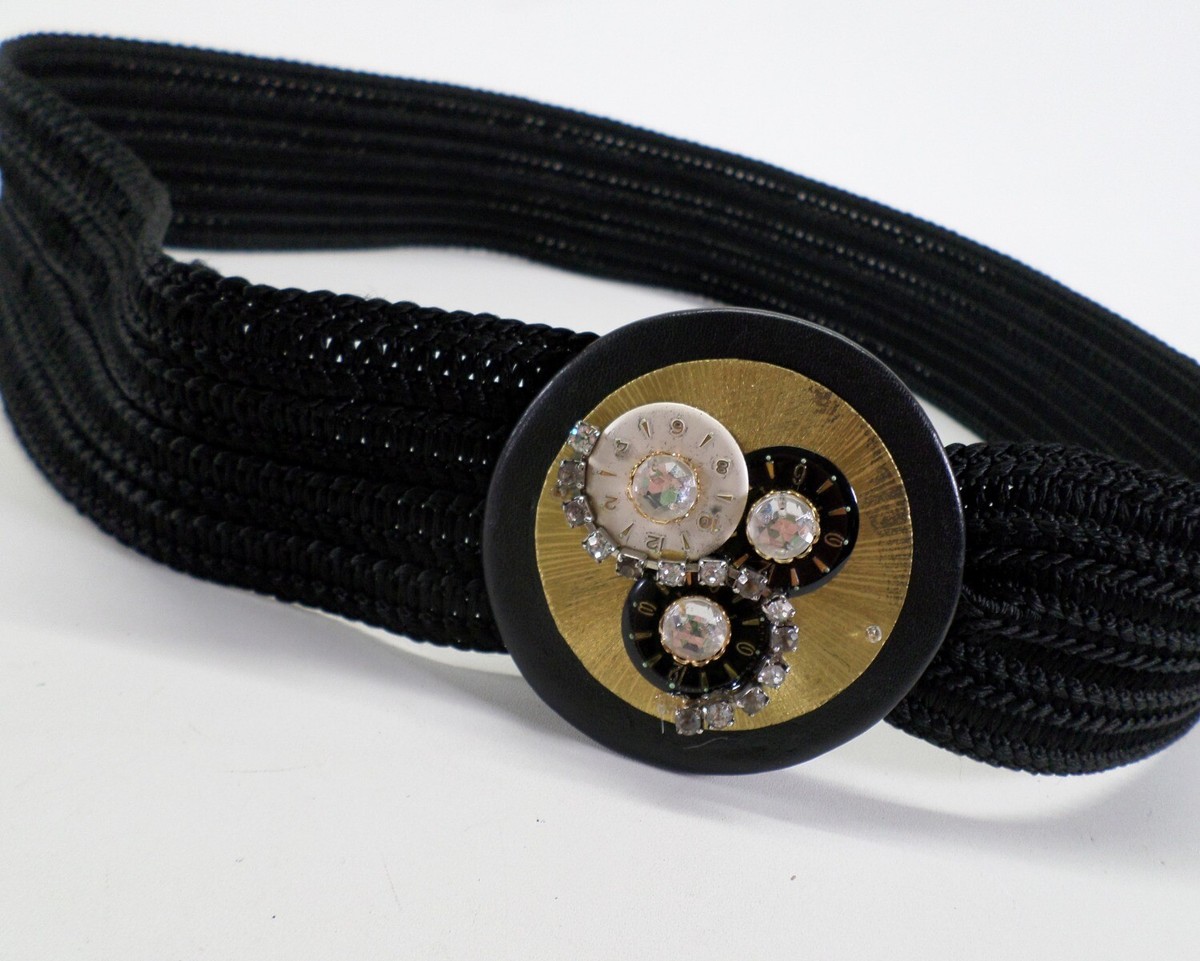 Clock Buckle Belt 32 34 36 Steampunk Rhinestone Bling Black 