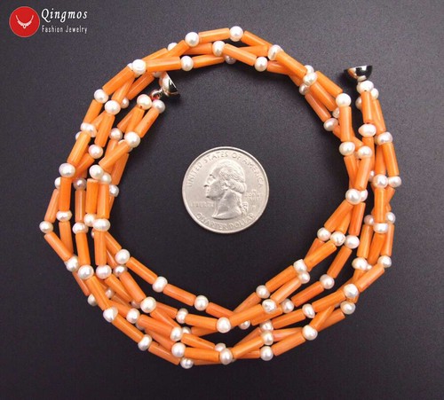 "Collar de coral naranja de rodajas de 3*9 mm de espesor para mujer con gargantillas blancas perlas de 17""" - Imagen 6 de 30