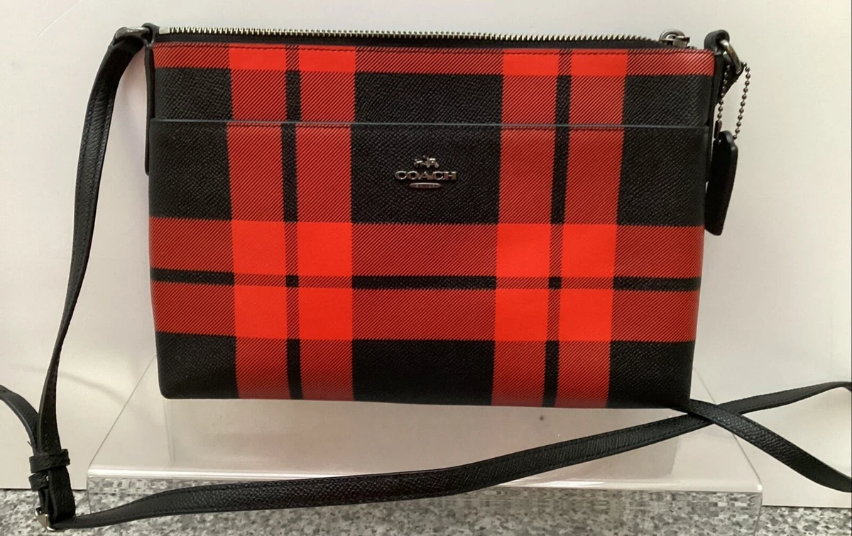 COACH Red Black Plaid Leather Crossbody bag Tartan Pockets Small