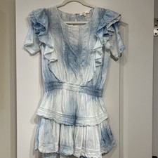 LoveShackFancy Natasha Mini Dress Womens Medium Blue White Tie Dye Ruffle Cotton