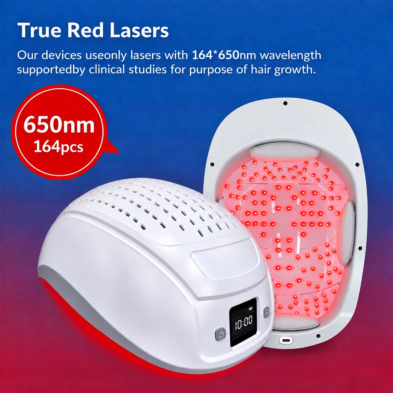 White Pro Laser Hair Growth Device with red light panel, digital display, and text “True Red Lasers” on blue background.
