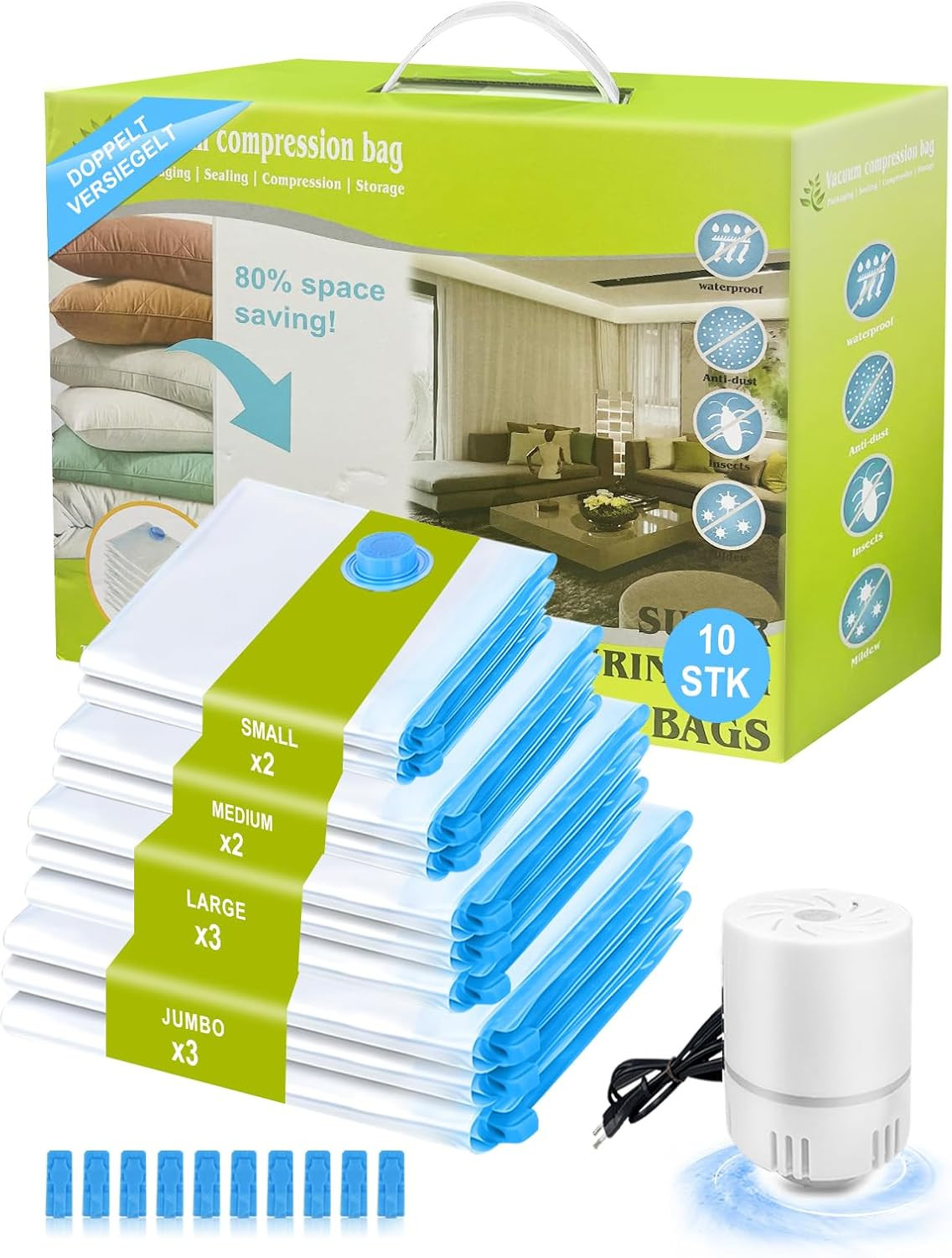 7 pezzi Sacchetti per la conservazione sottovuoto con pompa elettrica portatile, adatti per vesti, coperte, piumini, trapunte, viaggi (1 extra large, 2 grandi, 2 medi, 2 piccoli) | SHEIN ALIA