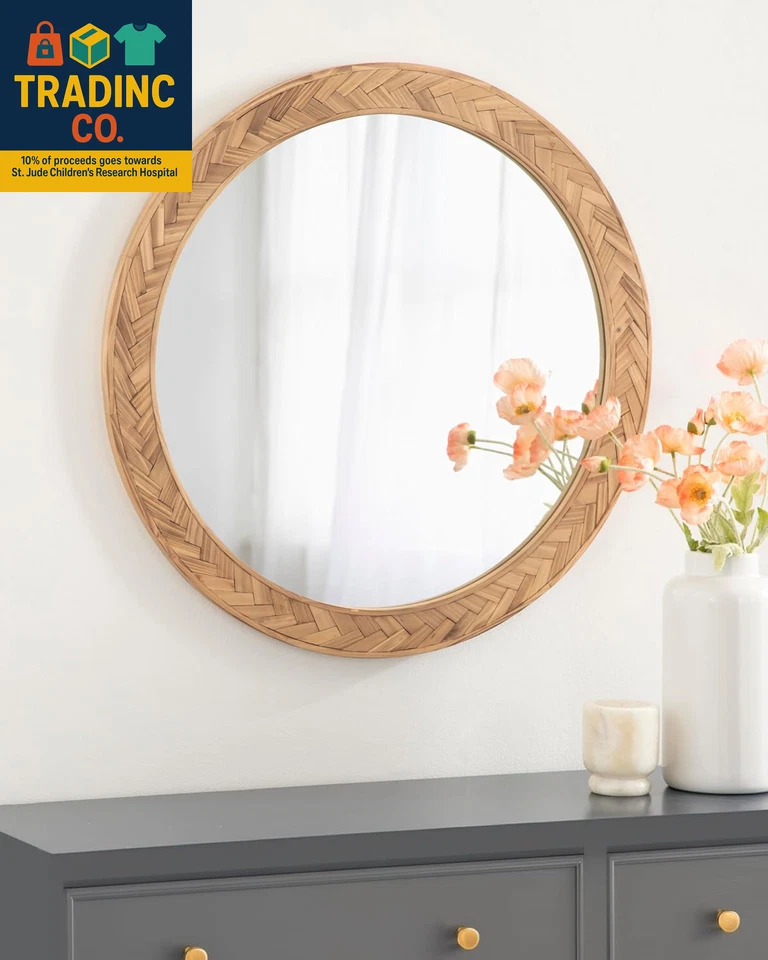 Braywood Modern Pieced Wood round Mirror, 24 Inch Diameter, Rustic Brown, Decora - Image 3 of 4
