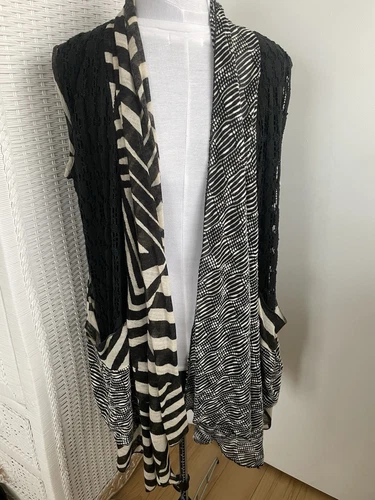 OFF WHITE Gilet Soft Surroundings stravagante nero bianco sporco righe asimmetriche taglia L XL